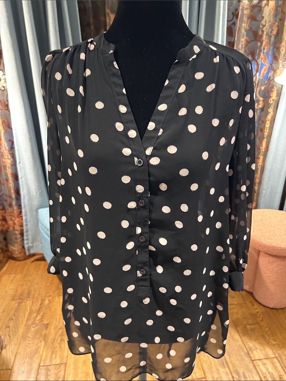 LC Lauren Conrad Black Blouse with Cream Polka Dots